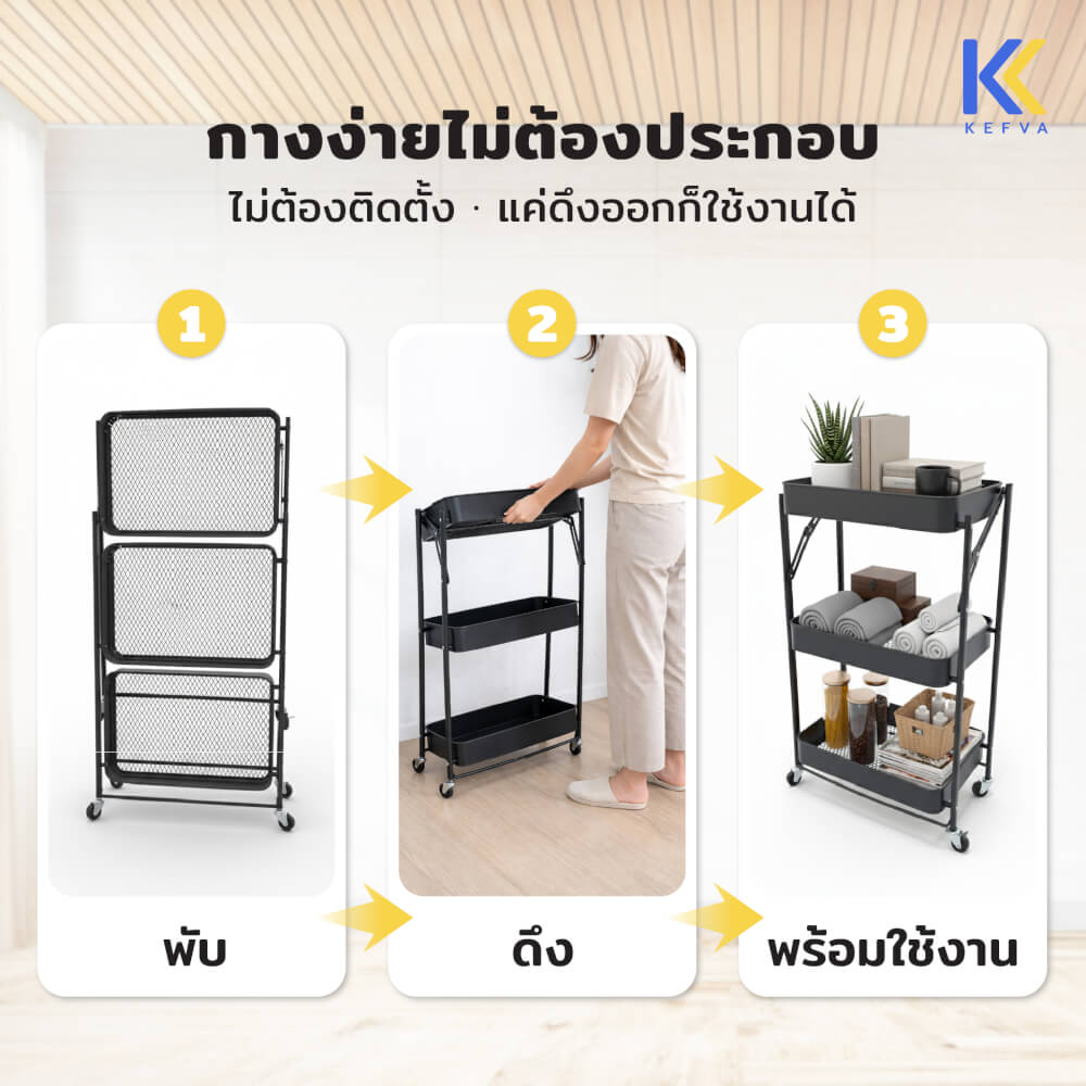 ชั้นรถเข็นอเนกประสงค์ KEFVA 3 ชั้น แบบพับได้ พร้อมล้อเลื่อน ขนาด 45X29X77 ซม. สีดำ_4